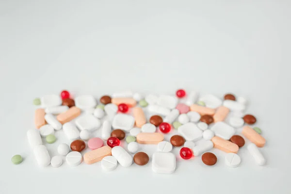 Many Different Pills White Background Copy Space Top View Concept — Foto Stock