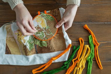 Dikiş deseni. El yapımı dikiş işi. Kadın eliyle tuvale nakış işlemek. Ukrayna nakış işi. Hobi ve ÇEVİRİ kavramı