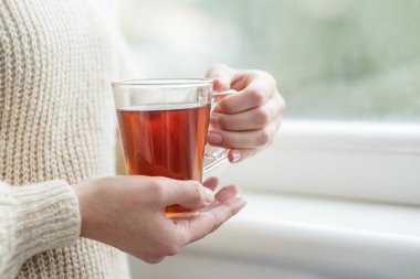 Bir fincan sıcak çay, kadın ellerinde. Geçmişi. İçecek konsepti, yaşam tarzı, sonbahar ve kış. Yatay