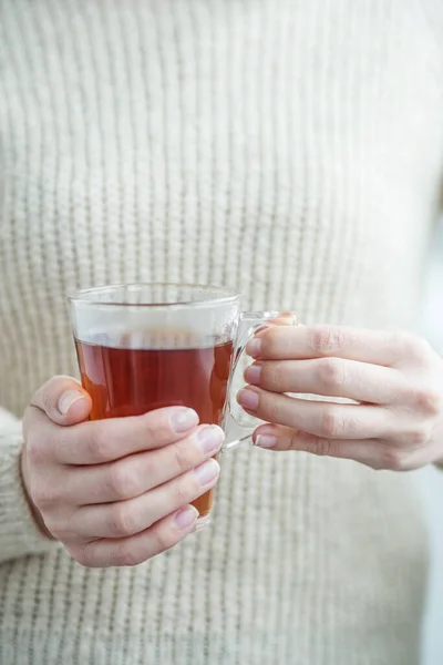 Cup Hot Tea Female Hands Close Background Beverage Concept Lifestyle — Stock Photo, Image