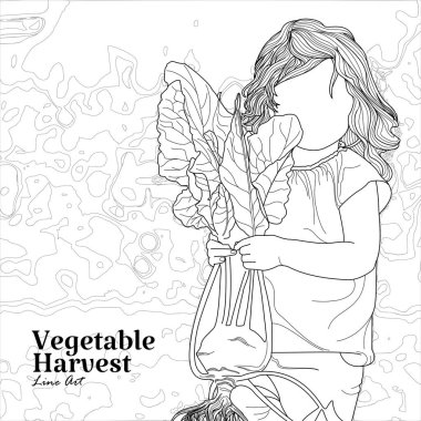 girl line art design harvesting fresh vegetables on summer vacation