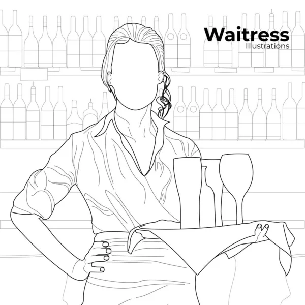 Female Waitress Working Part Time Summer Vacation Cafe Restaurant Wearing — Image vectorielle