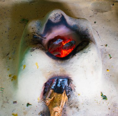 Indian traditional Chulha or stove for cooking food in Village. It creates yellow flame and smoke while burning. Wood is used to burn. selective focus and background blur.