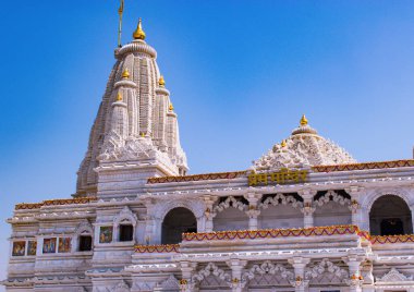 Mathura Vrindavan temple, Prem mandir with blue sky in the background , beautiful architecture. Radha Krishna temple.