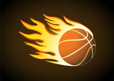 Basketball in flight on fire. Vector abstract illustration showing movement of flaming basketball on dark background. Drawing in format eps10.