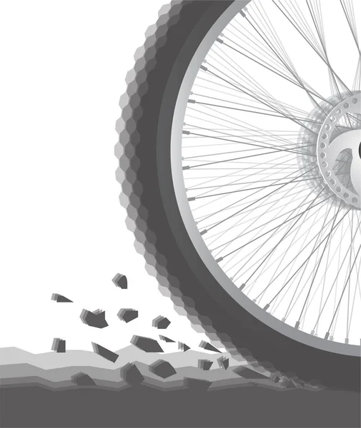 Bicycle wheel in motion stirring up the dust, stones from the ground. Vector illustration in eps10 format. Back bicycle wheel close-up. The wheel consists of spokes, rim, tire, break disc.