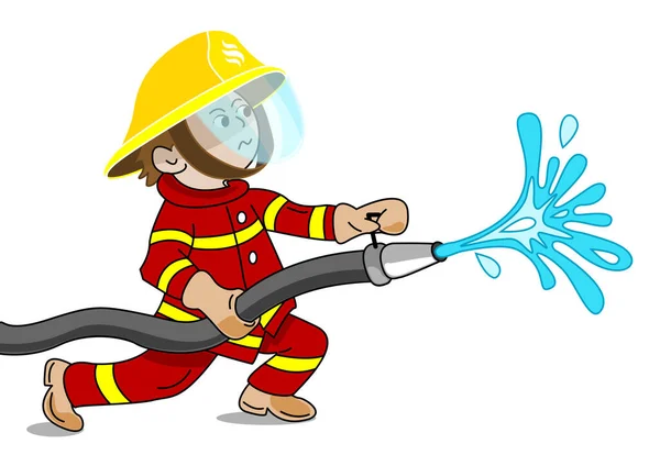 A small fireman holding a fire hose from which water is flowing out - cartoon vector graphic