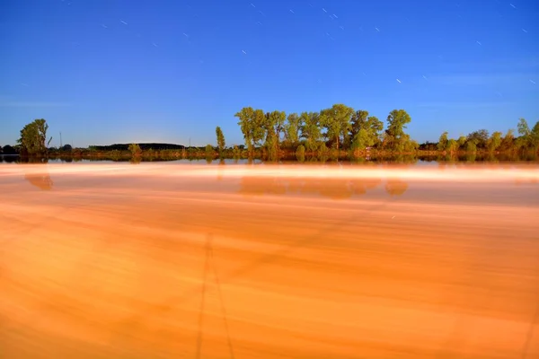 Golden Landscape River Tisa Midnight Long Exposure Serbia — Fotografia de Stock