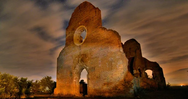 Landscape of medieval ruins of the church Araca at night.Haunted by spirits at night.The most important location to visit if you are traveling to Serbia.