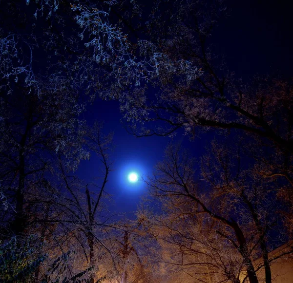 Natt Glödande Blå Himmel Med Månen — Stockfoto