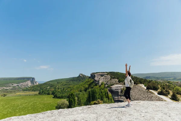 Woman traveler standing on top of a mountain looking at the view — Stock Photo, Image