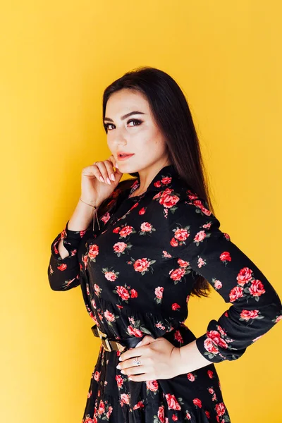 Beautiful Fashionable Brunette Woman in Black Summer Dress Portrait — Stock Photo, Image