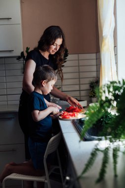 Anne ve oğul mutfakta sebze salatası hazırlayın.