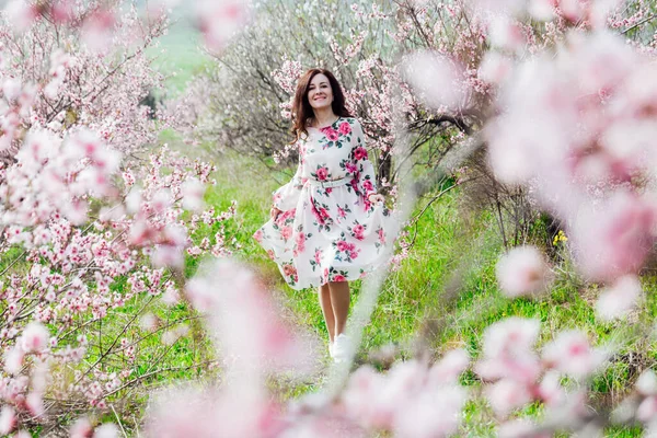 Çiçekli bir gül bahçesinde bahar elbisesi içinde güzel bir kadın. — Stok fotoğraf