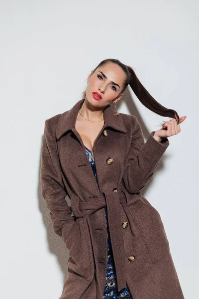 Beautiful fashionable woman in a brown warm coat — Stock Photo, Image