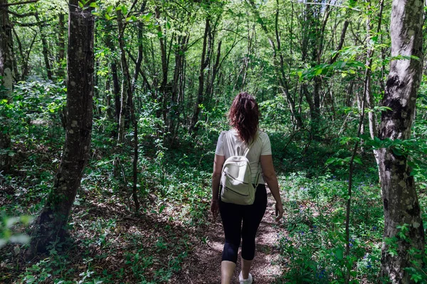 Güzel turist kadın yeşil ormanda bir yolculukta.