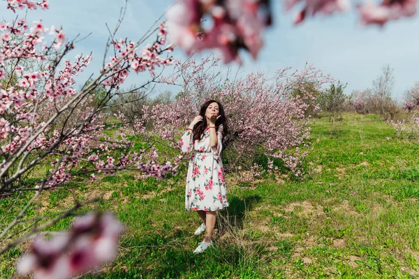 Çiçekli bir gül bahçesinde bahar elbisesi içinde güzel bir kadın.