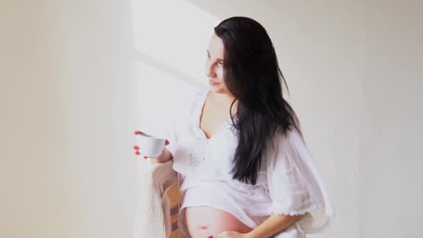 Hermosa mujer embarazada bebiendo una bebida caliente — Vídeos de Stock
