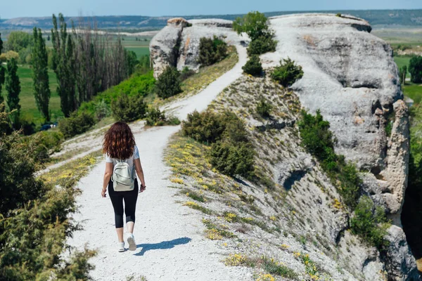 Woman traveler looks at the landscape from the top of the mountain — Stock Photo, Image