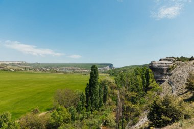 Dağın tepesinden ağaçlarla kaplı güzel yeşil bir arazi.