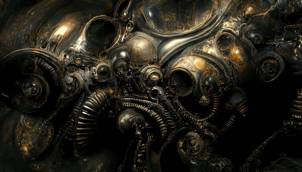 sci-fi metallic alien sculpture with creepy gadgets