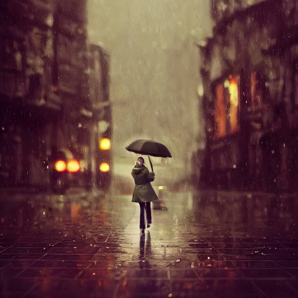 Woman walks alone at rainy water at city