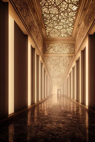 Luxury illuminated long hallway mansion