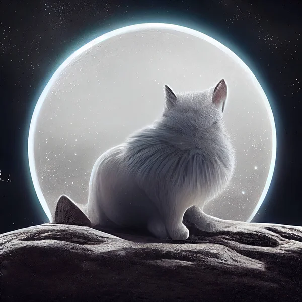 Cat looks at big moon at night