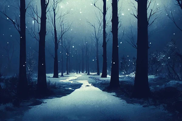 Forest in snow at night illustrated
