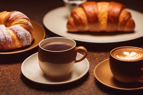 Coffee and croissant on table for restaurant menu