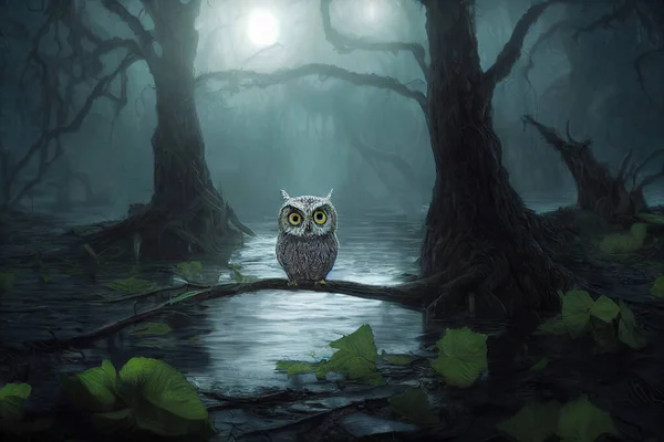 Mystical owl sitting on branch at dark forest