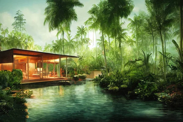 Beautiful river house in nature illustrated