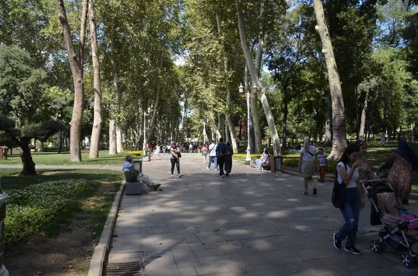 İstanbul Türkiye Ağustos 2022 Yaz günü Gülhane Parkı 'nda yürüyüş ve dinlenme.