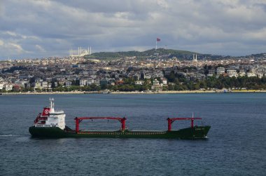 Bosphorus, Anatolian Side View and Green Cargo Ship Passing Through the Bosphorus. Istanbul Turkey.