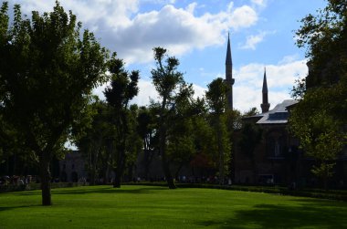 Yeşil çimenler, ağaçlar, minare ve mavi gökyüzü.