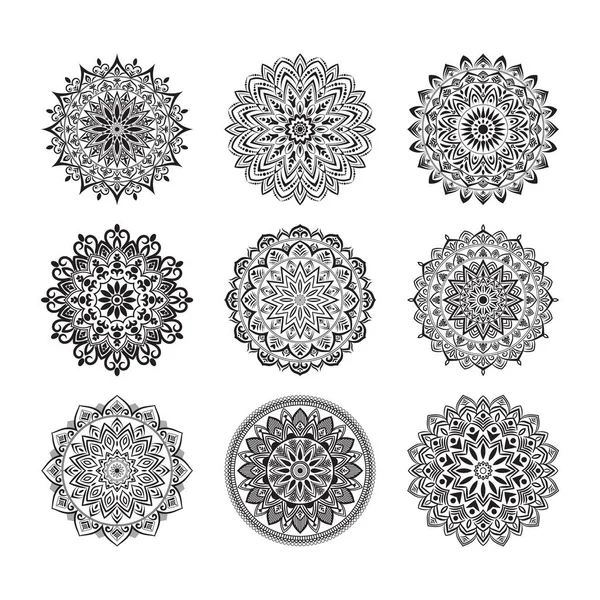 Renklendirme sayfaları için mandalas seti, Doğulu vektör, oryantal çember desenleri koleksiyonu, renklendirme çizimleri, Boyama kitabı sayfası