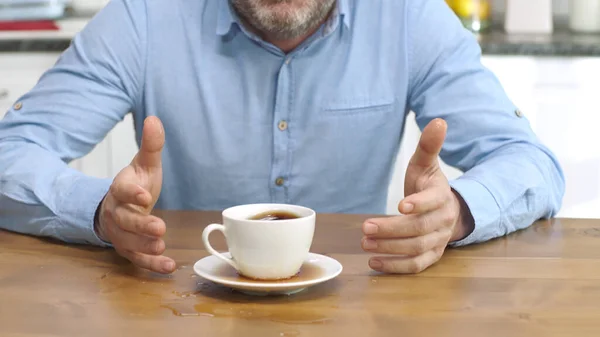 Man Drinking Coffee Home Spills His Coffee Portrait Man Preparing — Stock Photo, Image