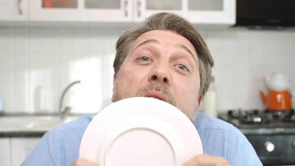 Sweet Funny Man Last Part Cake Enjoying Food Young Man — Stock Photo, Image