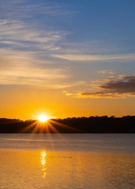 sunburst sunrise over tranquil lake with otter swimming by