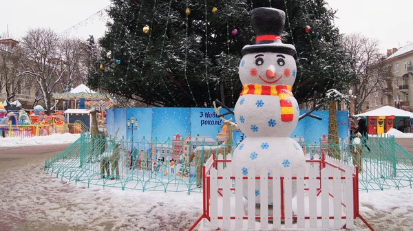 Kış Ternopil. Karlı şehir. Parklar ve sokaklar karla kaplıydı. 