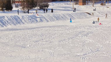 Güneşli bir kış gününde. Mavi Ukrayna gökyüzünün altında. Kış sokakları ve parkları Ternopil. 