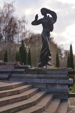 Anıt Uyarısı. Heykel yapısı Çernobil. Taştan yapılmış bir kadın. Çernobil trajedisi. 