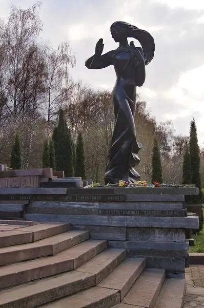 Anıt Uyarısı. Heykel yapısı Çernobil. Taştan yapılmış bir kadın. Çernobil trajedisi. 