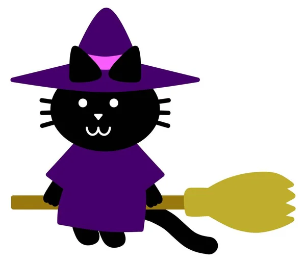 Illustration Black Cat Dressed Witch Broom — Φωτογραφία Αρχείου