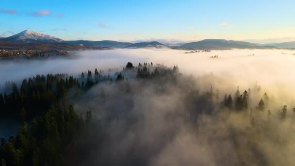Вид Воздуха Небольшие Деревенские Домики Вершине Холма Осенью Туманные Горы — стоковое видео