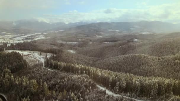 Vista Aérea Paisagem Estéril Montanha Com Queda Neve Sobre Floresta — Vídeo de Stock