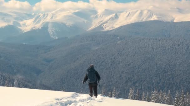 Πεζοπόρος Σακίδιο Περπάτημα Στην Χιονισμένη Πλαγιά Του Βουνού Την Κρύα — Αρχείο Βίντεο