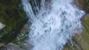 Yaz ormanlarında kayalık oluşumdan dökülen köpüklü suyla birlikte dağ nehrine dökülen şelale..