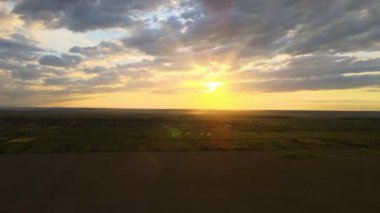 Canlı bir yaz akşamında ekilmiş tarım arazilerinin hava manzarası.