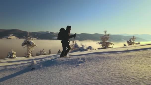 Caminante Con Mochila Caminando Ladera Nevada Montaña Frío Día Invierno — Vídeos de Stock